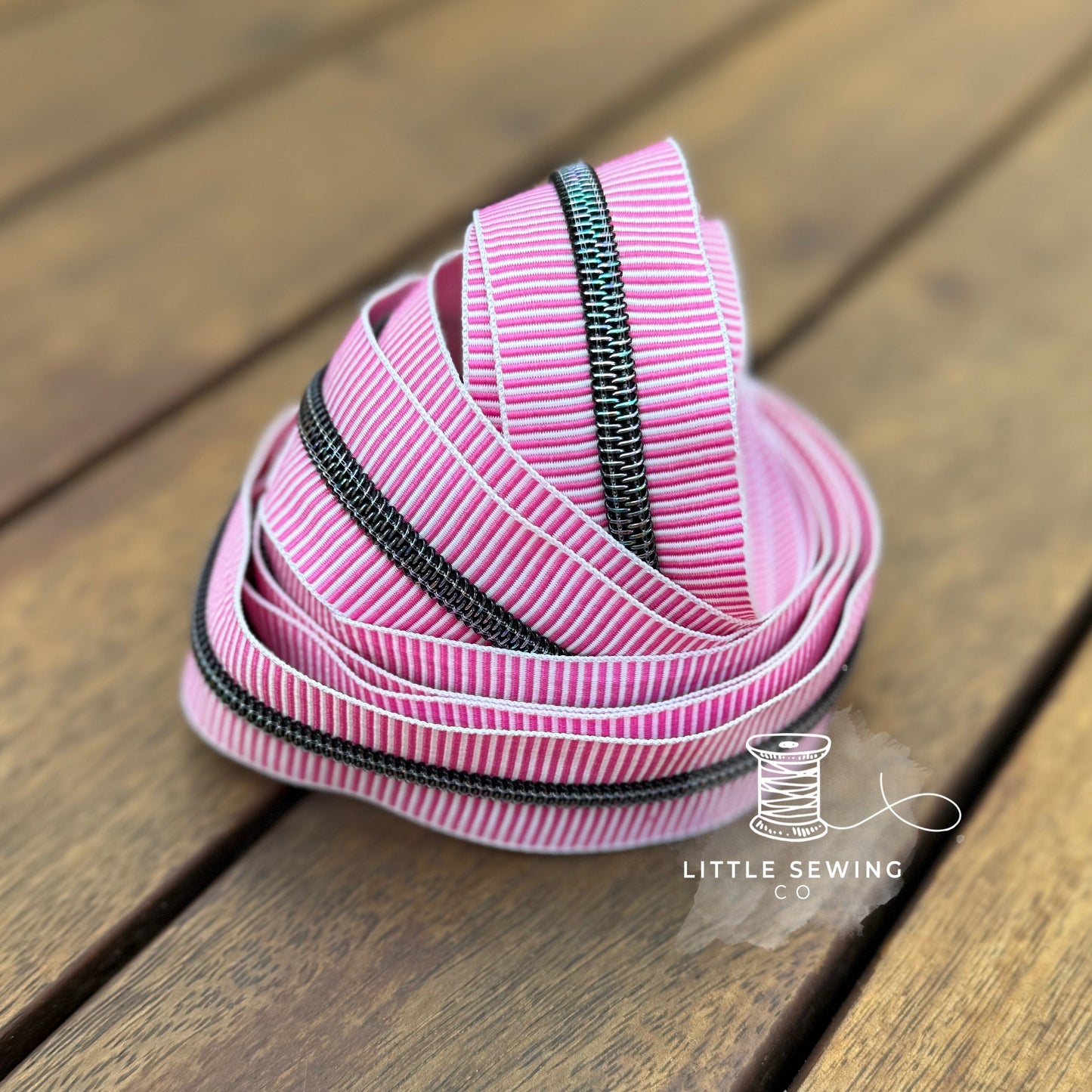Pink Stripes with Black Iridescent Teeth Zipper Tape #5
